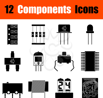 Set of twelve electronic components black icons. Vector illustration.