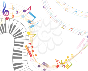 Musical Design Elements From Music Staff With Treble Clef, Piano Keyboard And Notes in gradient transparent Colors. Elegant Creative Design With Shadows and Isolated on White. Vector Illustration.