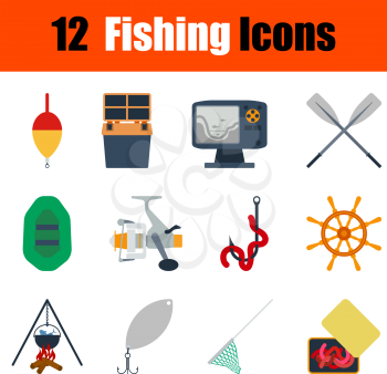 Flat design fishing icon set in ui colors. Vector illustration.