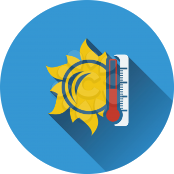 Sun and thermometer with high temperature icon. Flat design. Vector illustration.
