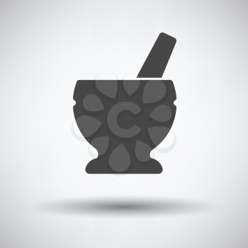 Mortar and pestle icon on gray background with round shadow. Vector illustration.