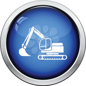 Icon of construction excavator. Glossy button design. Vector illustration.