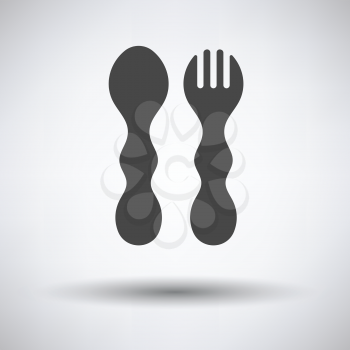 Baby spoon and fork icon on gray background, round shadow. Vector illustration.
