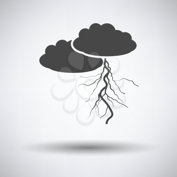 Clouds and lightning icon on gray background, round shadow. Vector illustration.