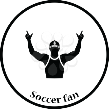 Football fan with hands up icon. Thin circle design. Vector illustration.