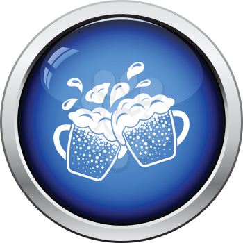 Two clinking beer mugs with fly off foam icon. Glossy button design. Vector illustration.