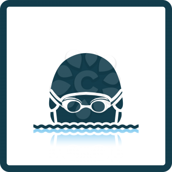 Icon of Swimming man head with goggles and cap . Shadow reflection design. Vector illustration.