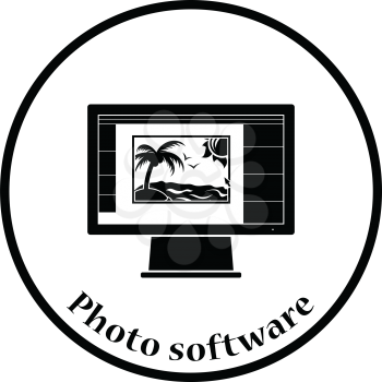 Icon of photo editor on monitor screen. Thin circle design. Vector illustration.