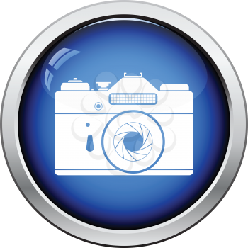 Icon of retro film photo camera. Glossy button design. Vector illustration.