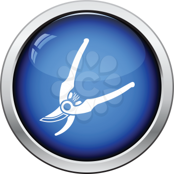 Garden scissors icon. Glossy button design. Vector illustration.