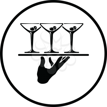 Waiter hand holding tray with martini glasses icon. Thin circle design. Vector illustration.