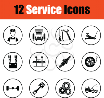 Set of twelve Service station icons.  Thin circle design. Vector illustration.