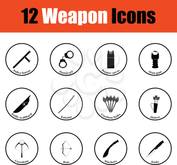 Set of twelve weapon icons.  Thin circle design. Vector illustration.