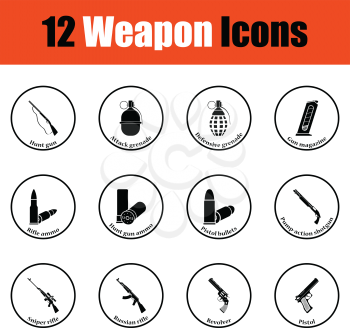 Set of twelve weapon icons.  Thin circle design. Vector illustration.
