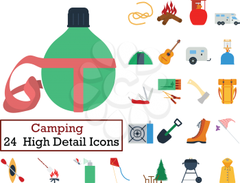 Set of 24 Camping Icons. Flat color design. Vector illustration.