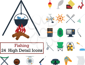 Set of 24 Fishing Icons. Flat color design. Vector illustration.