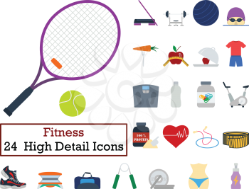 Set of 24 Fitness Icons. Flat color design. Vector illustration.