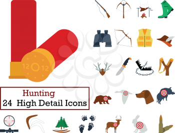 Set of 24 Hunting Icons. Flat color design. Vector illustration.