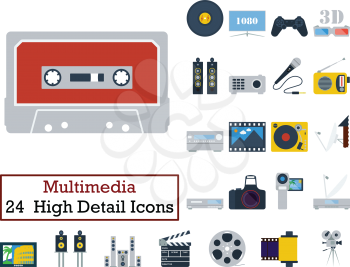 Set of 24 Multimedia Icons. Flat color design. Vector illustration.