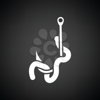 Icon of worm on hook. Black background with white. Vector illustration.