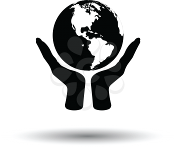 Hands holding planet icon. White background with shadow design. Vector illustration.