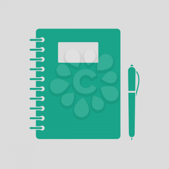 Exercise book with pen icon. Gray background with green. Vector illustration.