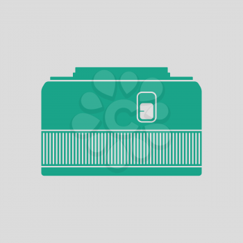 Icon of photo camera 50 mm lens. Gray background with green. Vector illustration.