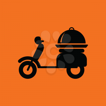 Delivering motorcycle icon. Orange background with black. Vector illustration.