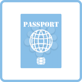 Passport with chip icon. Blue frame design. Vector illustration.