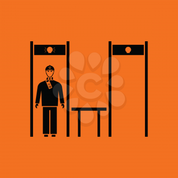 Stadium metal detector frame with inspecting fan icon. Orange background with black. Vector illustration.