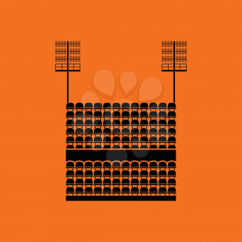 Stadium tribune with seats and light mast icon. Orange background with black. Vector illustration.