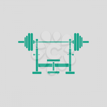 Bench with barbel icon. Gray background with green. Vector illustration.