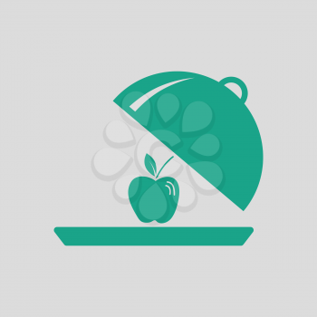 Apple inside cloche icon. Gray background with green. Vector illustration.
