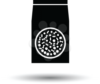 Packet of dog food icon. Black background with white. Vector illustration.