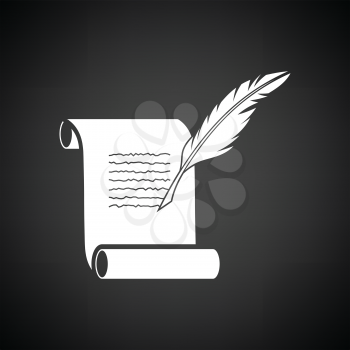 Feather and scroll icon. Black background with white. Vector illustration.