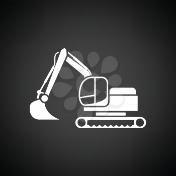 Icon of construction excavator. Black background with white. Vector illustration.