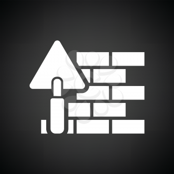 Icon of brick wall with trowel. Black background with white. Vector illustration.