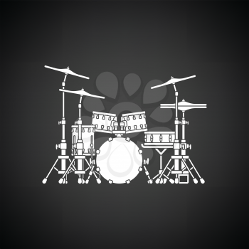 Drum set icon. Black background with white. Vector illustration.
