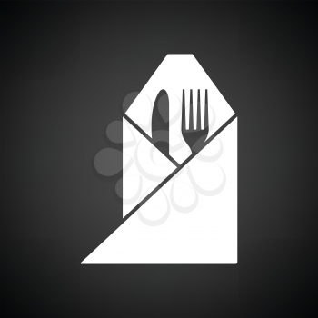 Fork and knife wrapped napkin icon. Black background with white. Vector illustration.