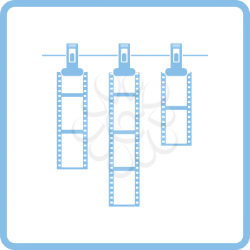 Icon of photo film drying on rope with clothespin. Blue frame design. Vector illustration.