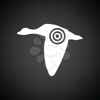 Flying duck  silhouette with target  icon. Black background with white. Vector illustration.