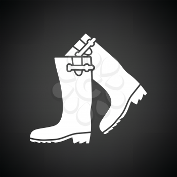 Hunter's rubber boots icon. Black background with white. Vector illustration.