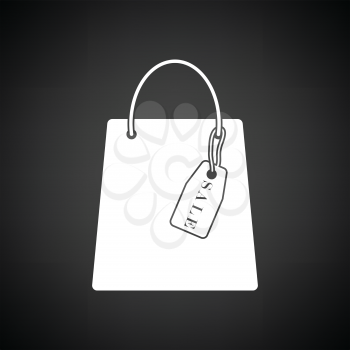 Shopping bag with sale tag icon. Black background with white. Vector illustration.