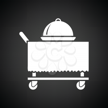 Restaurant  cloche on delivering cart icon. Black background with white. Vector illustration.