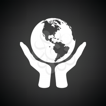 Hands holding planet icon. Black background with white. Vector illustration.