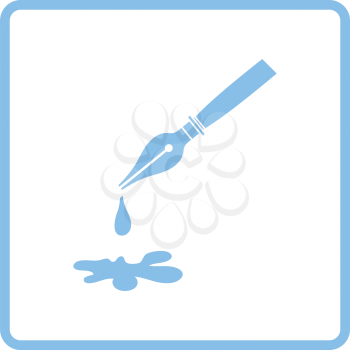 Fountain pen with blot icon. Blue frame design. Vector illustration.
