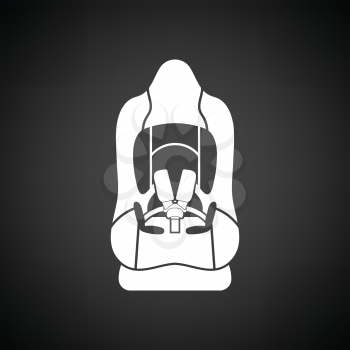 Baby car seat icon. Black background with white. Vector illustration.