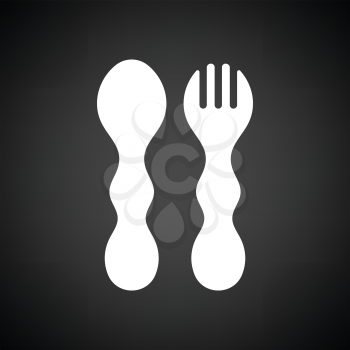 Baby spoon and fork icon. Black background with white. Vector illustration.
