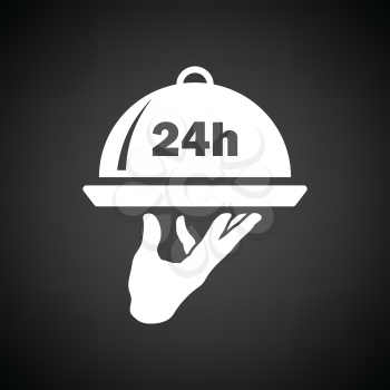 24 hour room service icon. Black background with white. Vector illustration.