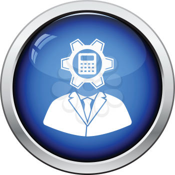 Analyst with gear hed and calculator inside icon. Glossy button design. Vector illustration.
